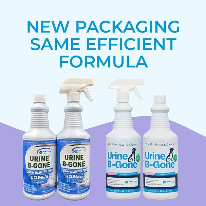 KINZUA ENVIRONMENTAL Urine B-Gone, Professional Enzyme Odor Eliminator & Pet Stain Remover, Human, Cat & Dog Urine Cleaner, Effective on Laundry, Carpets & More, Lavender Scent, 32oz, Pack of Two