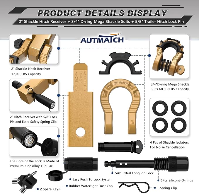 AUTMATCH Shackle Hitch Receiver 2" with 3/4" Mega D Ring Shackle and 5/8" Trailer Hitch Lock Pin, 68,000 Lbs Break Strength Heavy Duty Receiver Towing Kit for Off-Road Vehicle Recovery, Gold