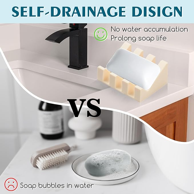 Silicone Soap Dish with Drain, Upgrade Double Suction Cups at The Bottom for Anti-Slip and Stability, Soap Dish Shower Waterfall Bar Soap Holder Tray with Drain Soap Holder (3, CreamWhite)