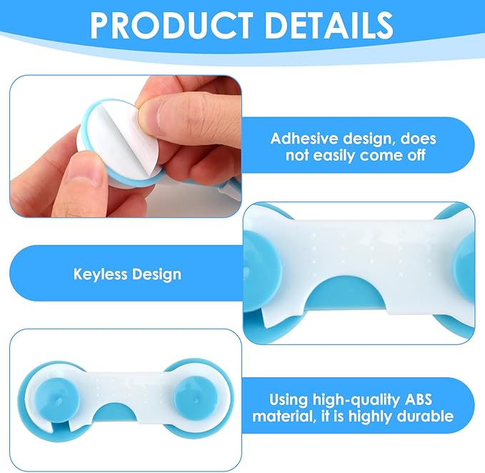 12 Pcs Baby Proof Cabinet Locks, Cabinet Child Locks with Strong Adhesive for Drawers Fridge and Closet Doors, No-Tool Installation Childproofing for Kitchen and Pantry (White and Blue)