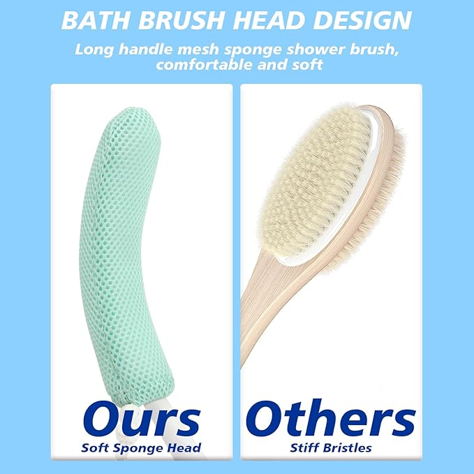 Back Scrubber for Shower，Mesh Sponge Body Shower Brush with Long Handle for Use in Shower Back Scrubber,Back Scrub for Exfoliating Body Scrubber or Shower Brush (Blue and Blue)