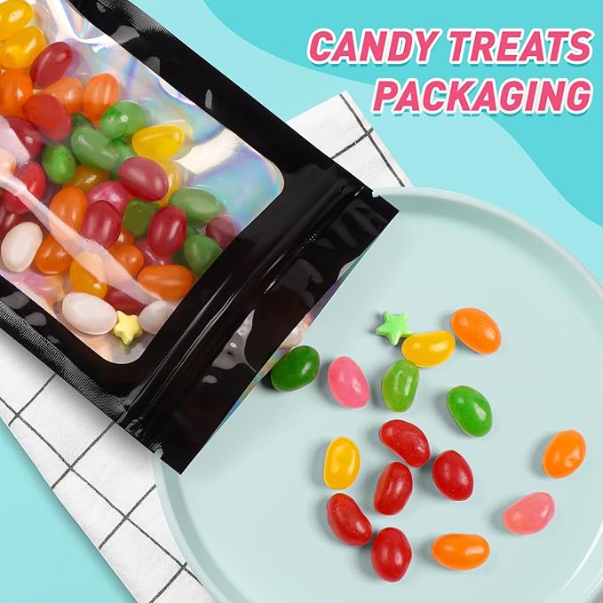 Funfery 300 Pack Smell Proof Resealable Bags for Food Storage,Holographic Bags 3x4.7 Black Mylar Clear Packaging Bag- Scent Proof for Cookies, Zip Foil Pouch for Small Business