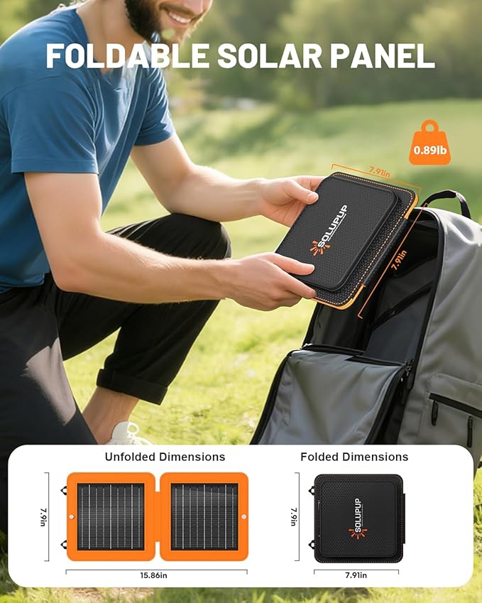Solar Panels 10W Portable Foldable Solar Charger with 5V USB-A and USB-C Fast Charging Compatible with iPhone, iPad, Samsung, Power Banks, IPX5 Waterproof Perfect for Camping, Hiking, Outdoor