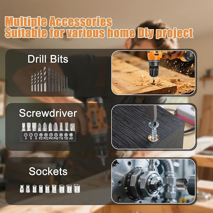 GardenJoy 20v Cordless Drill Set, Power Electric Kit 2 Batteries With Charger 30Nm 2-Speed 3/8" Keyless Chuck 24+1 Torque Drill Driver screwdriver Bits with LED Electric Work Light for MEN DIY