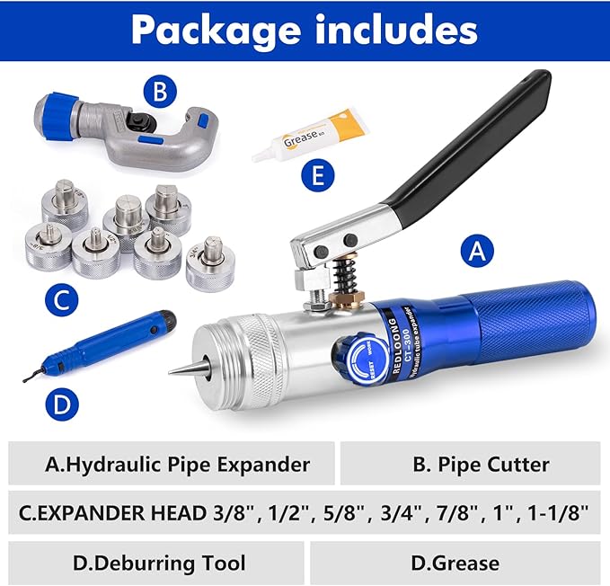 HVAC Swaging Tool Kit – Hydraulic Tube Expander for Copper Pipes, Compact Swage Tool with Tube Cutter, Deburring Tool & 7 Expander Heads (3/8”–1-1/8”) – Blue
