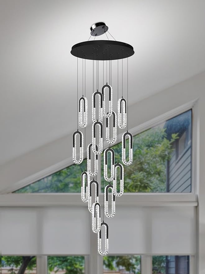 Large Staircase Crystal Chandeliers 16-Light Modern foyers Entrance 150" Long Chandeliers for High Ceilings Dimmable 2700K-6000K