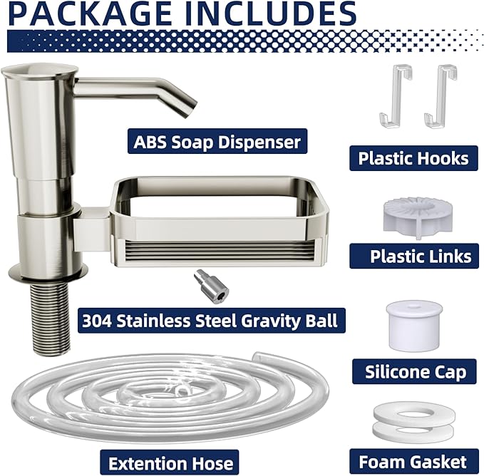 Soap Dispenser Pump for Kitchen Sink with Sponge Rack,ABS Plastic in Counter Soap Dispenser with 39" Extension Tube kit,Built in Dish Soap Dispensers Under Sink,on Countertop,Brushed Nickel