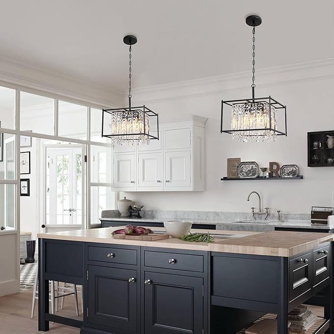 Black Chandeliers for Dining Room, Black Square Industrial Chandelier Crystal Pendant Light for Kitchen Island Dining Room Living Room Flat and Inclined Ceiling,L16 x W16 x H17.5