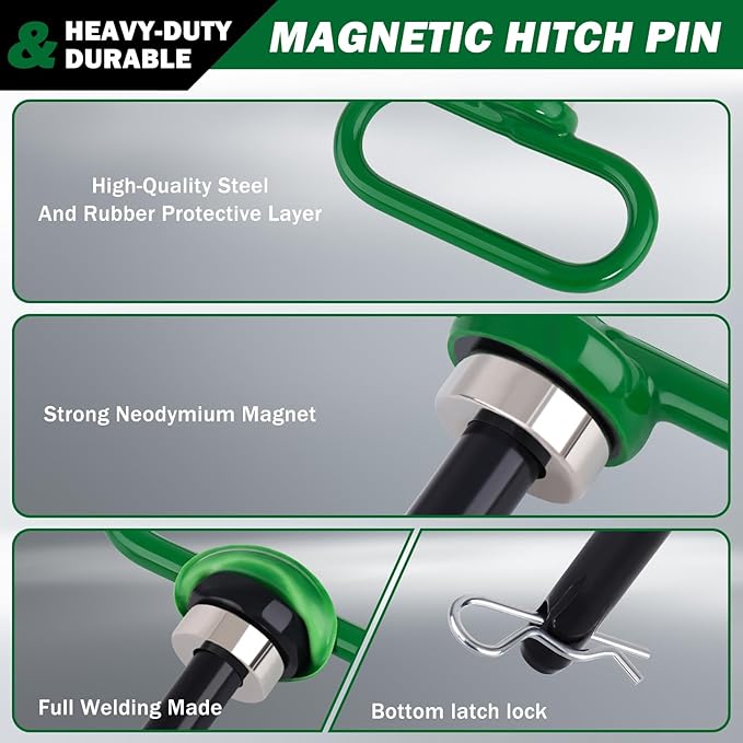 Magnetic Hitch Pin, Heavy Duty Strong Neodymium Magnet Lawn Mower Trailer Gate Pins 1/2 Inch for Mowers, Lawn Tractors, Towing - Simple One Handed Hook On & Off(Green)