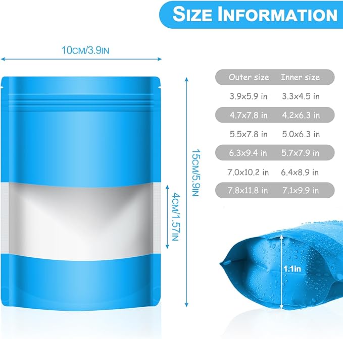 100 Pack Smell Mylar Proof Bags for Food Storage, Resealable Packaging Bags for Small Business, Stand Up Foil Pouches Reusable Heat Sealable Bags with Clear Window (Blue, 3.9x5.9 In)