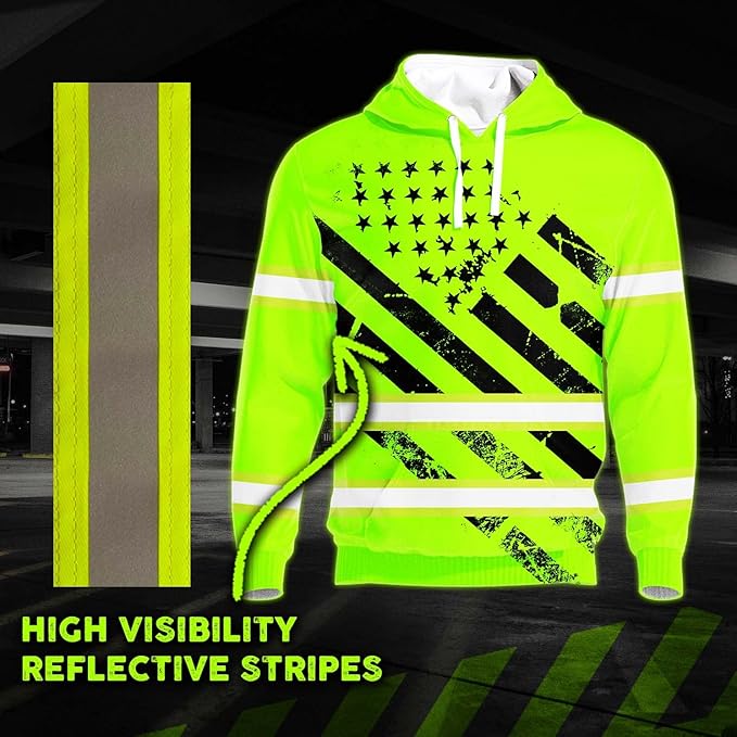 Color US Flag High Visibility Hoodie for Men Women Reflective Tapes Safety Workwear for Worker Runner Patriotic