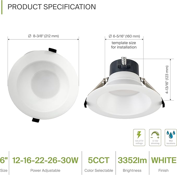 ASD Commercial LED Downlight 6 Inch, Power Adjustable Downlights 12/16/22/26/30W, Canless LED Recessed Lighting 120-277V, 5 CCT 2700K-5000K, Dimmable Ceiling Light Fixture, IC Rated, White, ETL 8 Pack