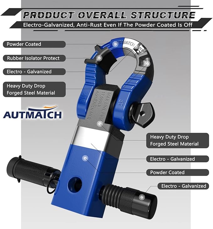 AUTMATCH Shackle Hitch Receiver 2" with 3/4" Mega D Ring Shackle and 5/8" Trailer Hitch Lock Pin, 68,000 Lbs Break Strength Heavy Duty Receiver Towing Kit for Off-Road Vehicle Recovery, Blue