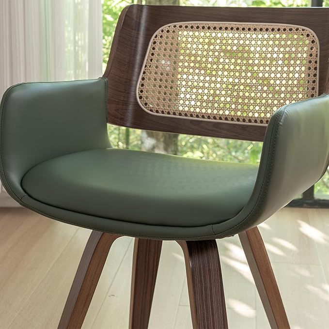 Set of 2 Dining Room Chairs with Arms - Swivel Cane Dining Chairs with Ergonomic Rattan Back, Walnut Bentwood Frame, Curved Arms, Versatile for Restaurant/Living Room/Kitchen (Walnut Green)