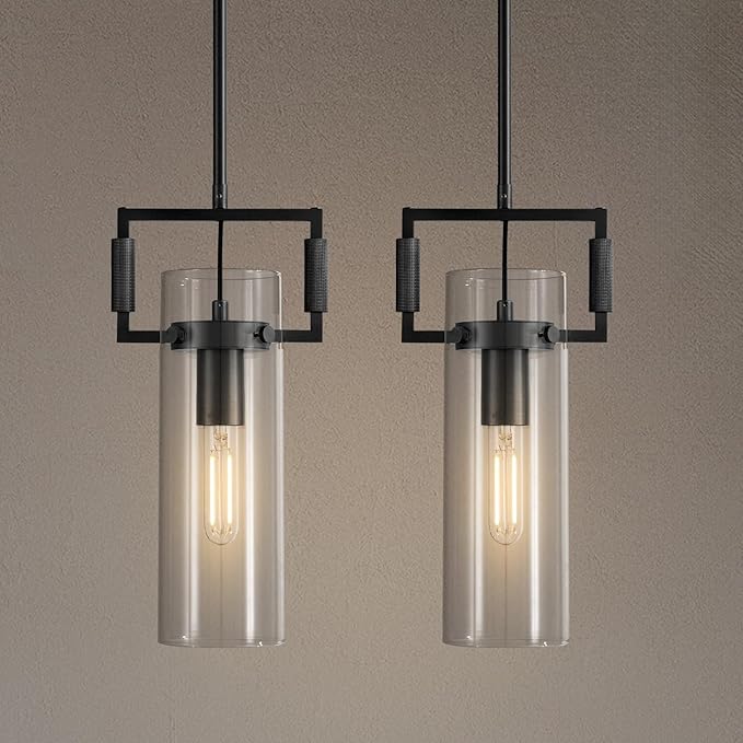 Modern Black Kitchen Island Pendant Lights Set of 2, 12 Inch 1-Light Adjustable Pendant Light with Glass Shade & Brass Finish, Hanging Light Fixture for Kitchen, Dining Room, Bathroom, Living Room