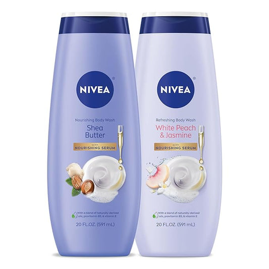 NIVEA Nourishing Shea Butter Body Wash, 20 Fl Oz Bottle Refreshing White Peach and Jasmine Scented Body Wash, 20 Fl Oz Bottle, Skin Care Set with Provitamin B5 and Vitamin E