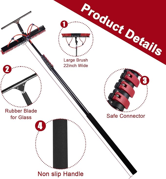 24FT Solar Panel Cleaning Brush & Squeegee Kit, Proffesional Window Washing Tool, 22in Wide Brush & 2 Dusting Brush, Water Fed Pole, Extendable Telescopic Pole for Roof Mounted Solar Panels
