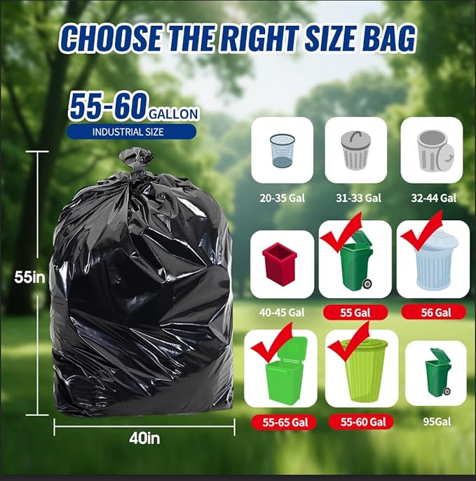 20 Count 55-60 Gallon Trash Bags, Tear-Free Large Black Garbage Bags for Kitchen, Office, Outdoor, Commercial Use, Lawn and Leaf Bags, Lightweight 17 Micron Design for Daily Dry Waste