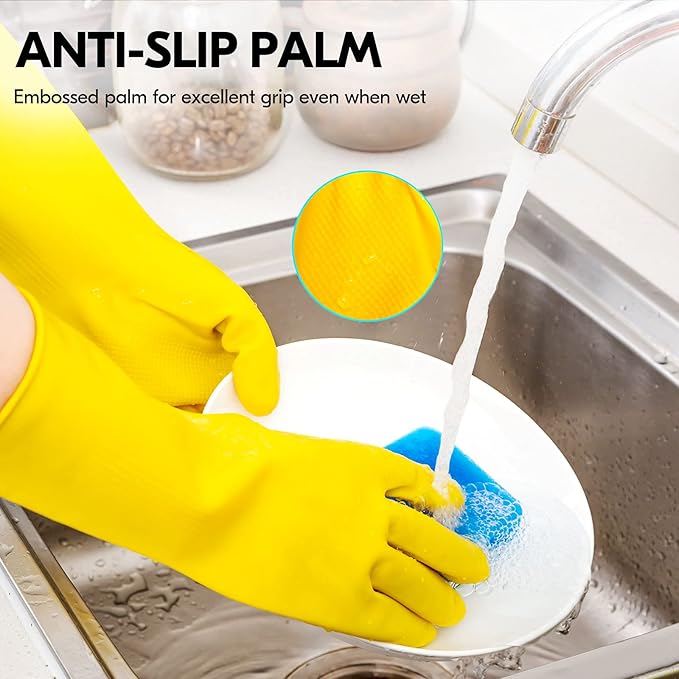 Vgo... 1-Pair Reusable Household Gloves, Rubber Dishwashing gloves, Extra Thickness, Long Sleeves, Kitchen Cleaning, Working, Painting, Gardening, Pet Care (Size M, Yellow, HH4601)