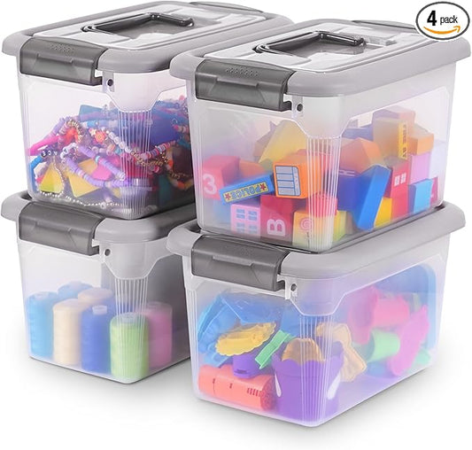 Citylife 4 Packs 6 QT Plastic Storage Bins with Latching Lids Stackable Storage Containers for Organizing Clear Storage Box for Garage, Closet, Kitchen
