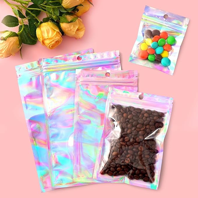 Funfery 100 pc Mylar Holographic Bags Packaging Bags,2.4x3.9in Clear Resealable Smell Proof Bag Foil Pouch Bag for Party Favor,Food Storage Baggies Packaging for Small Business