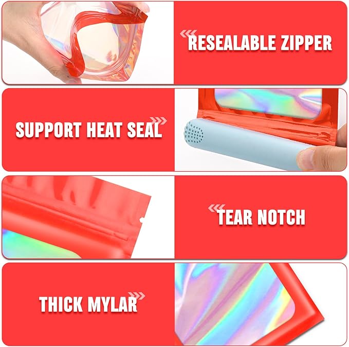 Funfery 300 Pack 3 Size Mylar Holographic Bags with Clear Window,Resealable Bag Smell Proof Foil Baggies Packaging Pouch for Food Storage,Sample,Small Business(Red,3x4.7,4x6,4.7x7.9in)