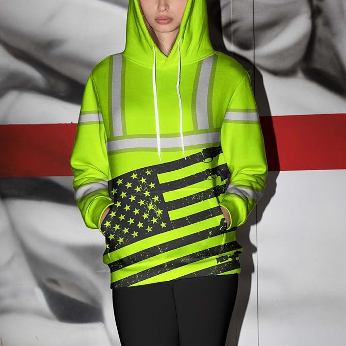 Color US Flag High Visibility Hoodie for Men Women Reflective Tapes Safety Workwear for Worker Runner Patriotic