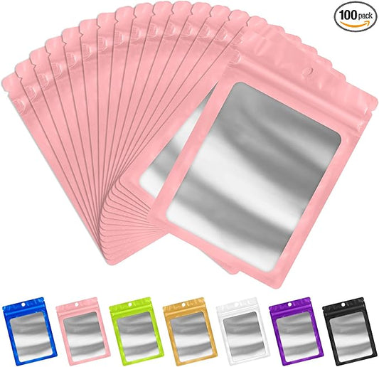 FUNFERY 100 Pack Mylar Resealable Bags Foil Packaging Bags with Clear Window,Zipper Pouch Smell Proof Bag for Food Storage,Cookies,Sample,Small Business(Pink,5.1x8.3inch)