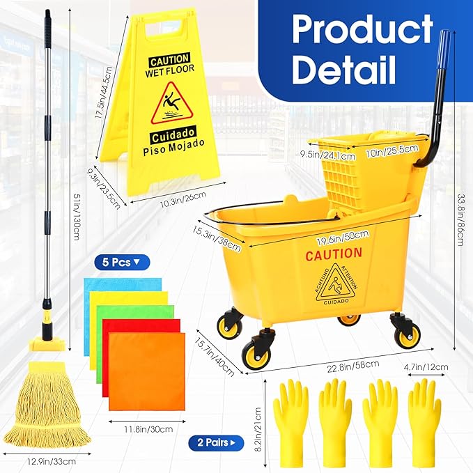 Maxdot 35 Quart Commercial Mop Bucket with Side Press Wringer on Wheels 10 Pcs Set Yellow Industrial Mop and Bucket with Caution Sign 5 Microfiber Cleaning Rag and 2 Gloves Set for Floor Cleaning