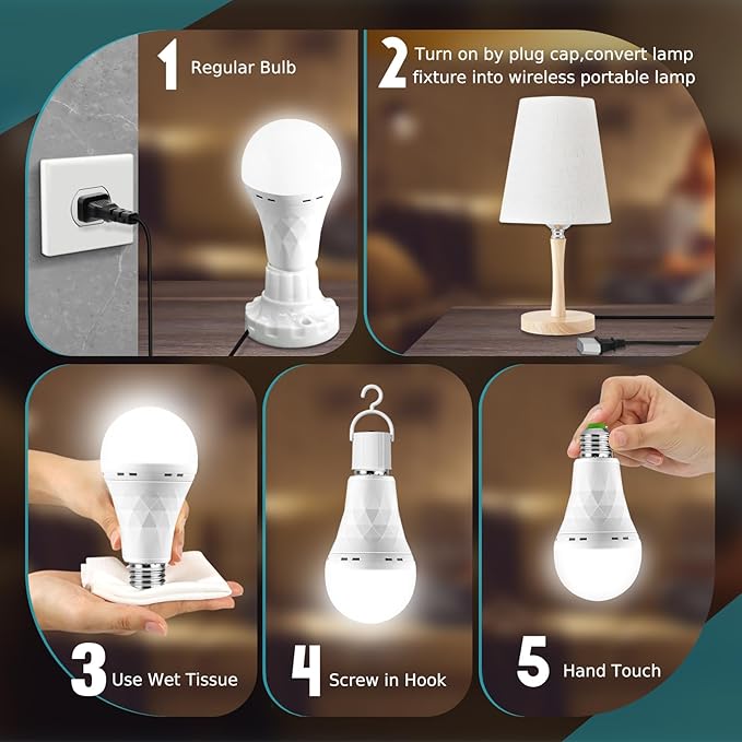 4 Pack Rechargeable Emergency Light Bulbs, Battery Powered LED Light Bulb 6000K Daylight E26 12W 60W Equivalent with 1500mAh for Home Power Outage Camping Hiking(4 Bulbs, 4 Hooks,2 Plug Caps)