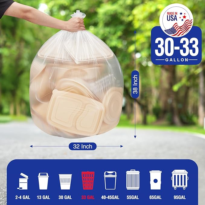Delxo 30-33 Gallon Clear Trash Bags, 250 Count – Medium Duty Garbage Bags, Thick, Durable & Puncture-Resistant Plastic, Perforated Design– Made in USA for Kitchen, Yard, Office & Party