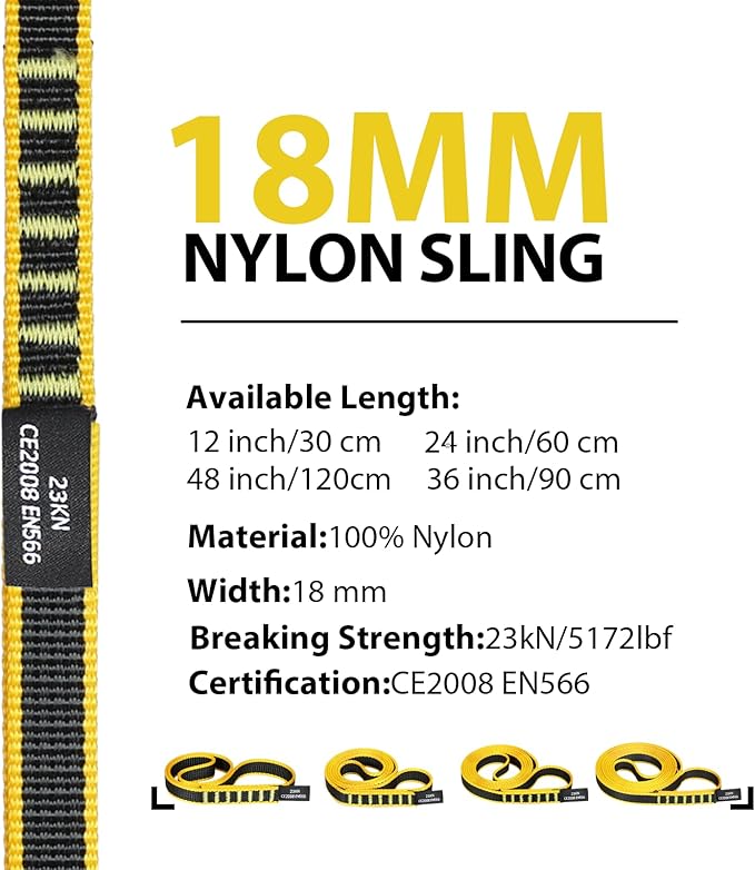 18mm Nylon Climbing Sling Runner 23KN CE2008/EN566 Certified - Webbing Straps for Outdoor Rock Climbing, Rappelling, Swing, Yoga Hammock etc