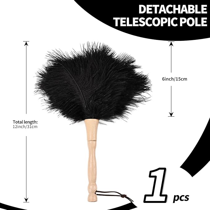 Ostrich Feather Duster 12 Inch Handheld Duster Supplies, Wooden Handle Feather Duster for Cleaning Keyboard Home Car Office (Black)
