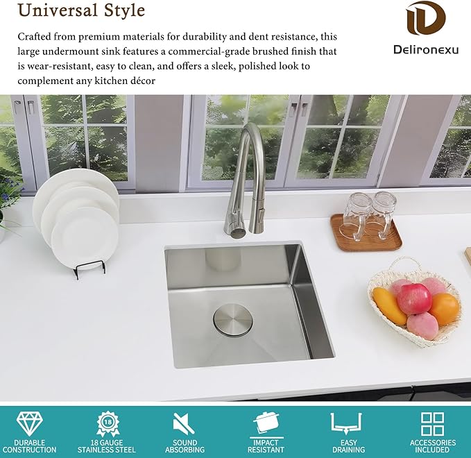 18 Inch Undermount Bar Sink – Delironexu 18 Gauge Stainless Steel Bar Sink, 18x18x8 Small Kitchen sink with Brushed Finish, Wet bar sinks Undermount for RV, Outdoor, and Prep Use