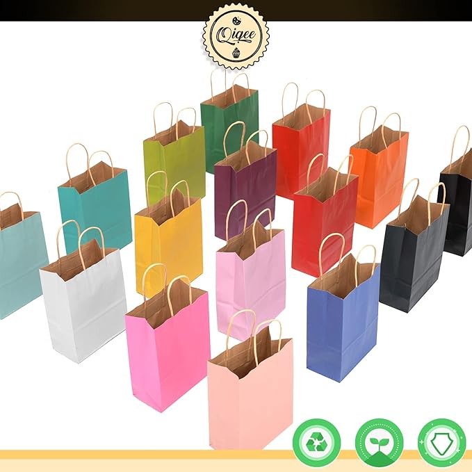 qiqee 32-Packs Paper Bags with Handles Bulk 8.26"×6"×3.15" Small Gift Bags 16 Different Senior Color Bags Multiple Uses（Small Size）