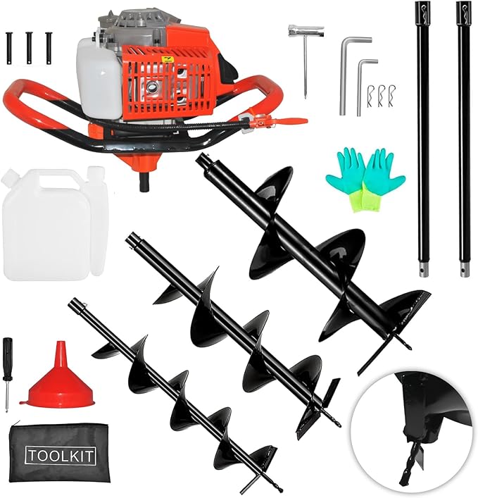 Post Hole Digger,72CC 2 Stroke Auger Post Hole Digger, Gas Powered Earth Digger 3 Auger Drill Bits(4"&8"&12'') and 2 Extension Rods for Farm Garden Plant (72cc Morden Digger)
