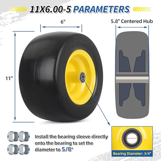 11x6.00-5 Flat Free Zero Turn Mower Tire and Wheel, 11x6-5nhs Riding Mowers Lawn Tire and Wheel with 3/4" Bearing, 5.8" -8" Centered Hub, 2 Pack