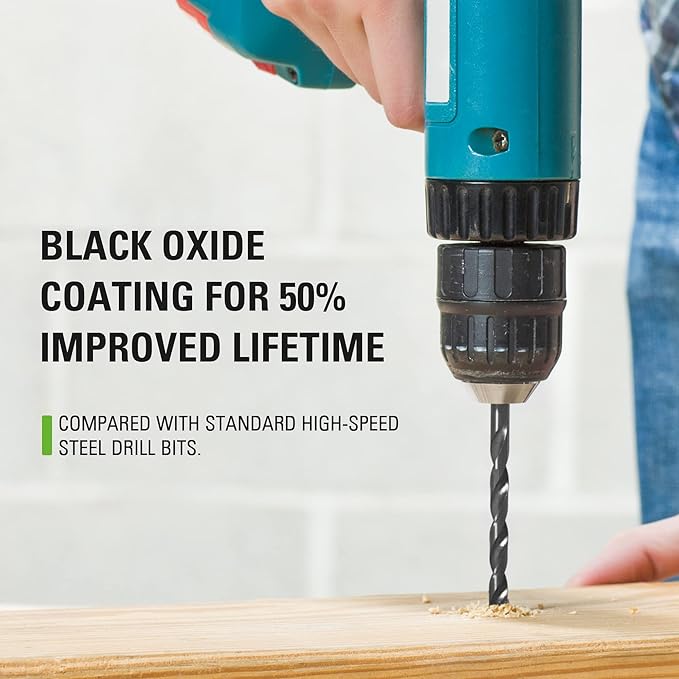 Greenworks 21 Pcs Black Oxide Drilling Bit Set,135 Degree Split Point, Black Oxide Coated, For Plastic, Wood and Metal