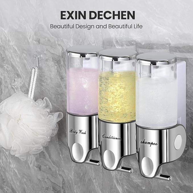 Shampoo and Conditioner Dispenser,Dispensers for The Shower,Shower Soap Dispenser 3 Chamber No Drill,Shampoo Conditioner Body Wash Dispenser Wall Mount for Bathroom(Triple x 17.6 oz,Clear)