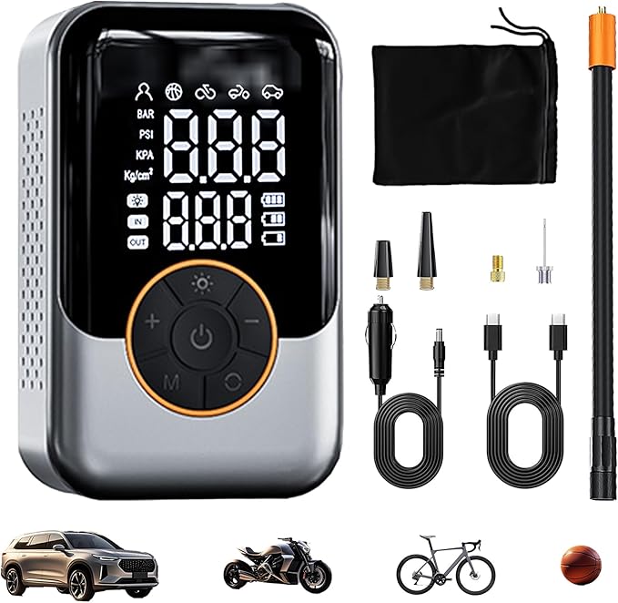 Cordless Tire Inflator, Portable with digital pressure gauge, 150PSI, Auto shut-off & LED light, 12V DC/Rechargeable dual mode, for Car/Motorcycle/Bike/Inflatable