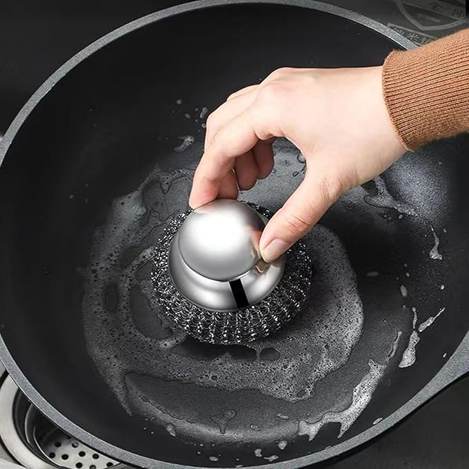 Onewly 2Pack Steel Wool Scrubber Set, Stainless Steel Scrubber with Stainless Steel Handle, for Cleaning Dishes, Cast Iron, Stock Pots, Pans, Griddles, Grills