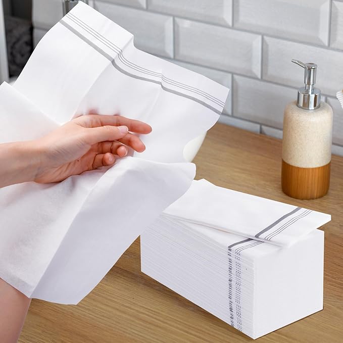 100 Disposable Paper Hand Towels for Bathroom, Linen Feel Guest Towels, Soft and Absorbent Paper Towels Napkins Bulk for Home Dinner Kitchen Wedding, 12" x 17"(Silver Trim Lined)