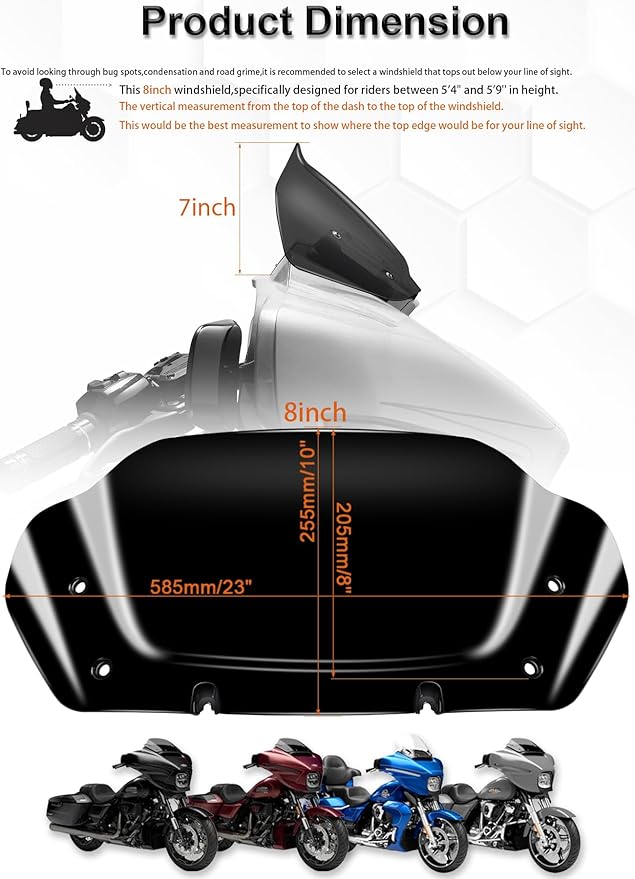 8" Wave Windshield Windscreen Wind Splitter Compatible with Harley Davidson Touring CVO Street Glide FLHXSE 2023-up,Street Glide FLHX 2024-up & FLXHU 2025-up (Black)