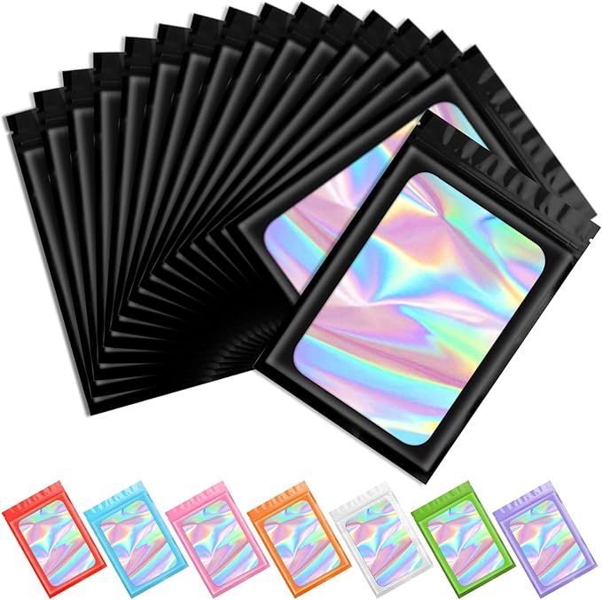 Funfery 100 pcs Black Smell Proof Mylar Holographic Bags Packaging Bags,Clear Resealable Odor Proof Bag Foil Pouch Bag for Food Storage,Lipgloss,Jewelry,lash Packaging for Small Business(4.3x7.5In)