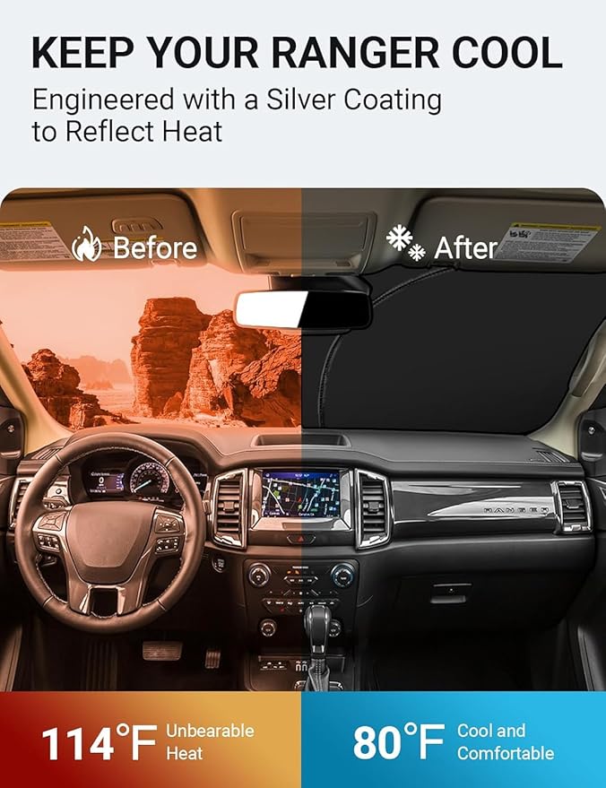 Proadsy Windshield Sun Shade for 2019-2025 2026 Ford Ranger, Custom Fit Front Window Sunshade Protector, Foldable UV Block Heat Shield, Keep Interior Cool, XL XLT Lariat Accessories
