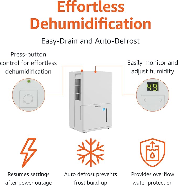 Amazon Basics Large Dehumidifier for Rooms, Energy Star Certified, Effectively Reduces Humidity, With Continuous Drain Pump, Timer, Auto-Defrost, Overflow Protection, up to 4000 SFT, 50 Pint, White