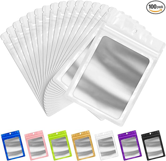 FUNFERY 100 Pack Mylar Resealable Bags Foil Packaging Bags with Clear Window,Zipper Pouch Smell Proof Bag for Food Storage,Cookies,Sample,Small Business(White,4x6inch)