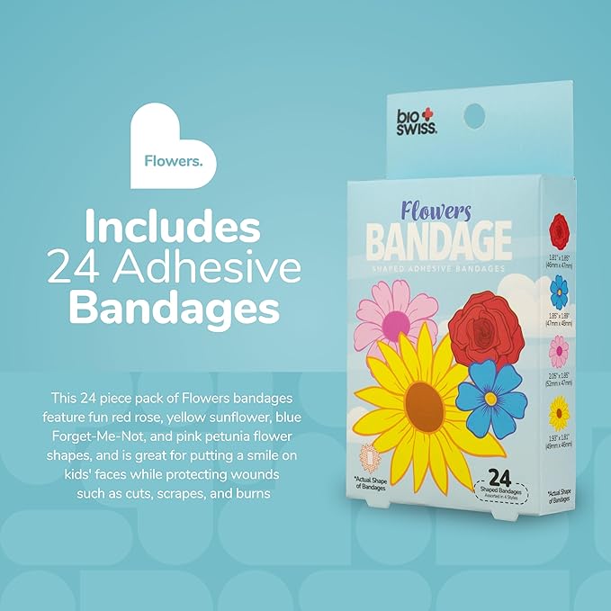 BioSwiss Kids Bandages, Flowers Shaped Self Adhesive Bandage Set, Latex Free, Sterile Wound Care, 24 Count