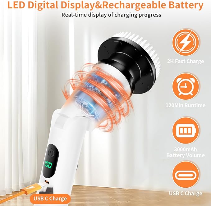11 in 1 Electric Spin Scrubber Cordless Cleaning Brush 3 Adjustable Angles 2 Adjustable Speeds LED Display Shower Cleaner Brush Supplies Extension Long Handle for Bathroom Floor Tile Toilet Waterproof