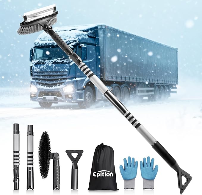72" Extendable Long Snow Brush with Ice Scraper for Car Truck SUV Van - Soft Squeegee with 270° Pivoting Brush Head for Windshield Window - Snow Scraper & Antifreeze Gloves for Car Winter Accessories